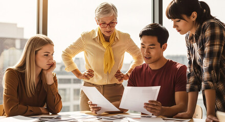Analyzing Ideas: A collaborative work environment where a group of individuals is meticulously examining a document, likely engaged in a strategy, plan, or project development.