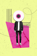 Vertical sketch image photo collage of anonym guy instead head freemason eyeball stare control...