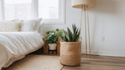Minimalist entryway interior with wooden bench, hanging clothes, and potted plant, featuring warm natural light, simple design, and cozy modern home aesthetic.