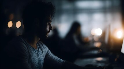 A man intently working on a computer at his desk late at night in a dimly lit office