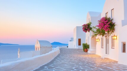 Fototapeta premium Coastal Serenity: An idyllic scene unfolds in a coastal town with whitewashed buildings, with the stunning sea and sky blending in the distance. Capturing the tranquil atmosphere of a perfect day.