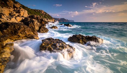 Rocky coastline at sunset. Waves crashing over rocks