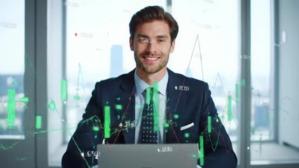 a young caucasian businessman in a navy suit intently focuses on an ultrabook laptop with overlaid financial data in a modern high-rise office, radiating market mastery concept of success - Powered by Adobe