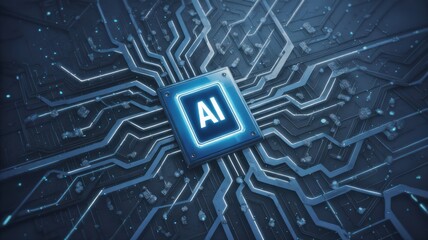 AI Chip Integration: A close-up view highlights an AI chip on a circuit board, representing the core of artificial intelligence. The image emphasizes technology, innovation.