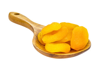 dried and dried apricot made in brazil in rustic wooden spoon, isolated white background.