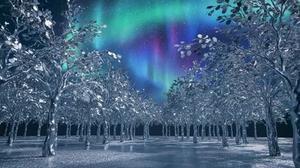 A fantasy landscape features chrome-like trees in a forest under the Aurora Borealis, with a reflective surface beneath - Powered by Adobe