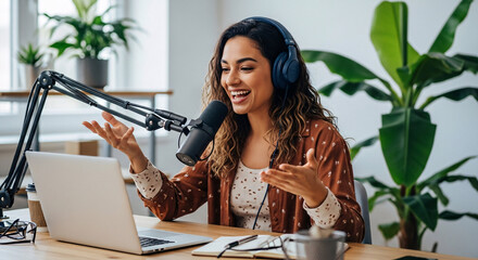 Podcast in Progress: A woman, engrossed in her podcast recording, uses professional audio equipment, capturing the essence of modern digital communication.