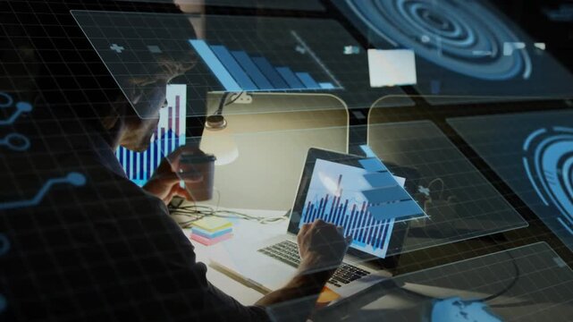 Male analyst scrolling data and viewing 3D bar graphs rotating over laptop screen for tech analysis - Powered by Adobe