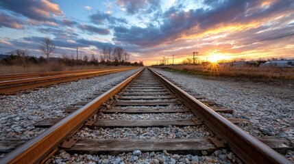Obraz premium empty train tracks leading into horizon, golden sunset, hope and movement, simple and emotional