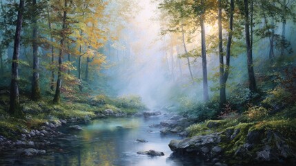 enchanted forest at dawn, soft mist weaving between tall ancient trees, golden light filtering through leaves, tranquil stream, vibrant green