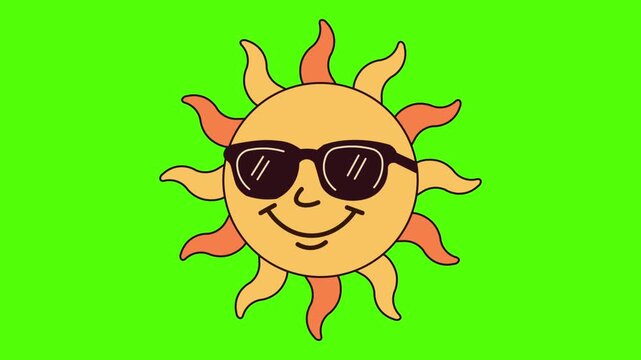 Smiling Sun Cartoon Animation with Sunglasses Cool Summer Vibes Sunshine Character Happy Face Green Screen Graphic