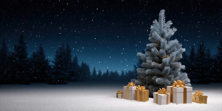 Snowy night with decorated pine tree and gift boxes under starry sky