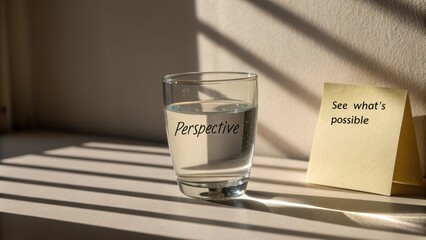 Perspective in a Glass of Water with Inspirational Note on Table