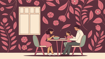 Family dinner scene in room with 3D floral wallpaper showing love, unity and togetherness 