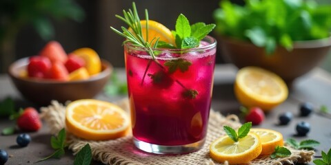 Fototapeta premium Refreshing Summer Berry Citrus Beverage with Ice and Herbs in a Glass