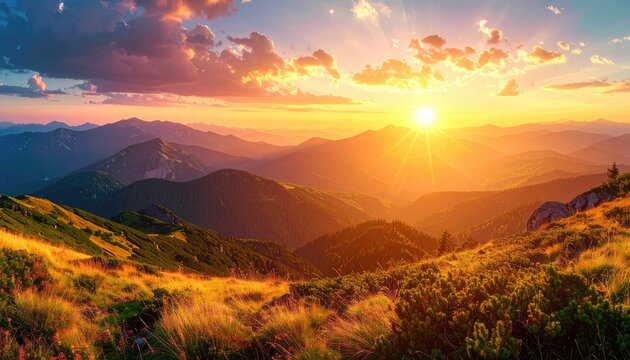 Majestic sunset over mountain range, golden light, dramatic sky