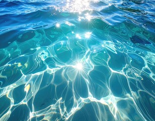 Sparkling turquoise water surface with sun reflections, creating a dazzling effect