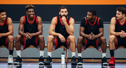 Basketball Team's Bench Moment: A close-up shot of a basketball team, sitting together on the bench, with a water bottle in the front, waiting and discussing strategies or enjoying a moment of unity 