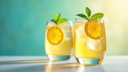 Fototapeta premium Refreshing Iced Lemon Beverage with Mint Garnish in Clear Glasses on a Bright Background