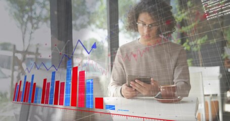 Man tapping tablet as cafe sign sliding finance charts and analyzing trends with coffee - Powered by Adobe