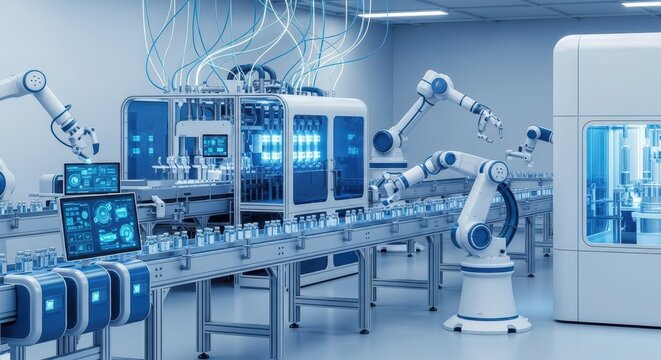 futuristic pharmaceutical production line with robotic arms and automated machinery. sterile factory with conveyor belt carrying vials. healthcare technology concept. banner, web design.