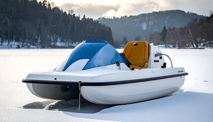 Modern pedal boat sitting on a snowy lake