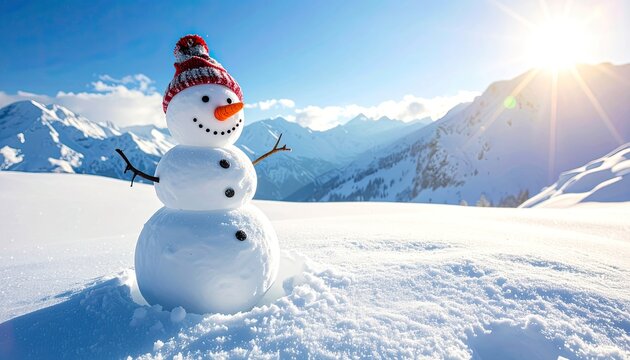 Happy snowman with carrot nose and red hat enjoying sunny day in snowy mountain landscape
