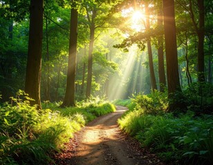 Obraz premium Sunlit forest path with bright rays streaming through tall trees, lush greenery