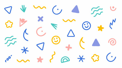 Flat colorful vector doodle icons of circles, triangles, zigzags, arrows, spirals. Vector set.