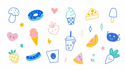 Flat colorful vector doodle icons of food and snacks — burger, pizza, donut, coffee, ice cream, fruits. Vector set.