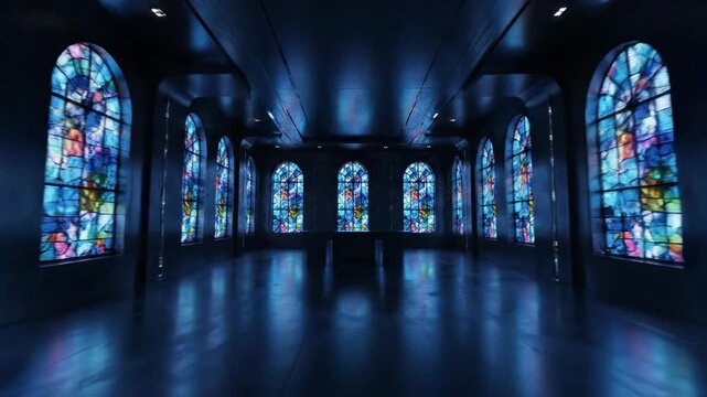 A long, dark hallway with stained glass windows that illuminate a reflective floor.  The arched windows line the walls