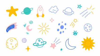 Flat colorful vector doodle icons of stars, planets, rockets, moons, comets, constellations, UFOs. Vector set.