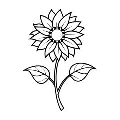 Simple hand drawn black and white outline of a single sunflower with leaves