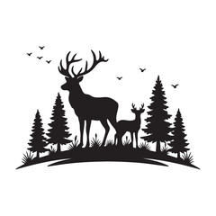 Deer Silhouette in Forest with Birds