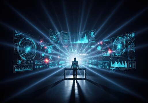 lone analyst silhouetted against vast, glowing holographic interface with complex information charts. concept of big data, business intelligence, and future technology.
