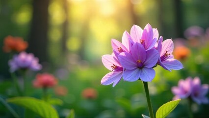 A Delicate Cluster of Lilac Flowers Basking in the Golden Hour Sunlight, Surrounded by a Softly Blurred Meadow of Blossoms