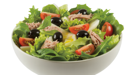 Fresh tuna salad with ripe tomatoes and black olives in a bowl, ideal for healthy lunch, promoting wellness and dietary choices for active lifestyle enthusiasts
