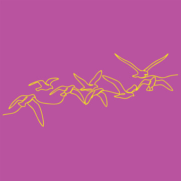 Line drawing of flying birds with outstretched wings soaring in a dynamic formation against a solid