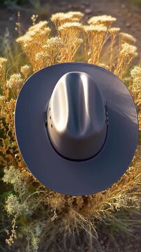 Elegant Dark Gray Hat Placed Amongst Golden Wildflowers and Dried Grasses in a Serene Outdoor Setting Bathed in Warm Sunlight