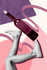 Vertical poster trend art collage of anonym bodyless female hips legs walk bottle champagne wine alcohol beverage club relax