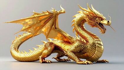 Fototapeta premium Golden dragon statue against gray backdrop