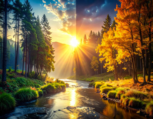 Beautiful autumn forest river landscape with sunshine and golden foliage view