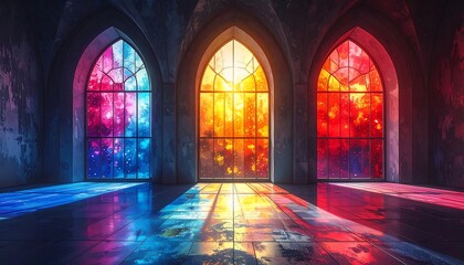 A gothic-style interior, illuminated by vibrant stained-glass windows.  Sunlight streams through, casting colorful shadows