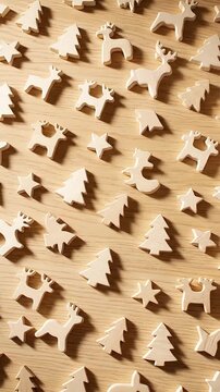 Natural Wooden Christmas Decorations Pattern Featuring Reindeer Fir Trees and Stars on a Light Wood Background Perfect for Festive Holiday Craft Projects  Winte