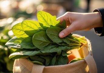hand placing fresh spinach into reusable bag at sunlit outdoor market. sustainable living, healthy eating, and zero-waste shopping. blog, social media, recipe.