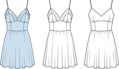 Women’s lingerie slip dress front views with lace and plain variations, fitted bodice fashion flat sketch, technical apparel drawing, cad drawing flat vector illustration