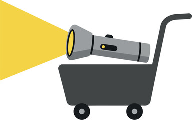 Shopping cart with glowing flashlight illuminating products vector