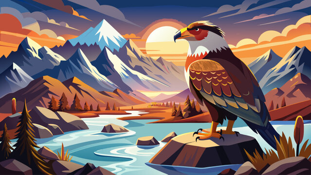 Beautiful Winter landscape with bird. Southern Caracara plancus, in morning light. Bird of prey stitting on stone.Wildlife scene from nature, South America, Torres del Paine NP, Chile. Patagonia