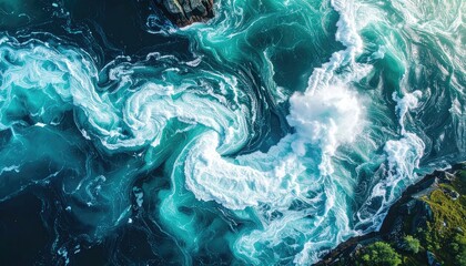 Aerial view of swirling ocean currents, white foam, turquoise and dark blue