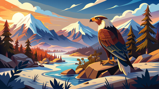 Beautiful Winter landscape with bird. Southern Caracara plancus, in morning light. Bird of prey stitting on stone.Wildlife scene from nature, South America, Torres del Paine NP, Chile. Patagonia